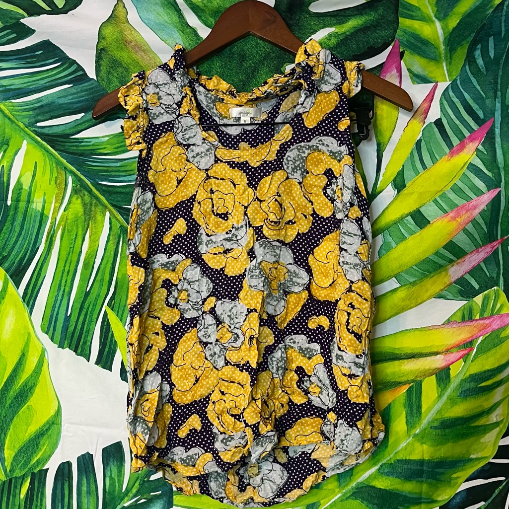 Anthropologie Porridge 6 Blue Yellow Polka Dot Floral Sleeveless Summer Blouse
